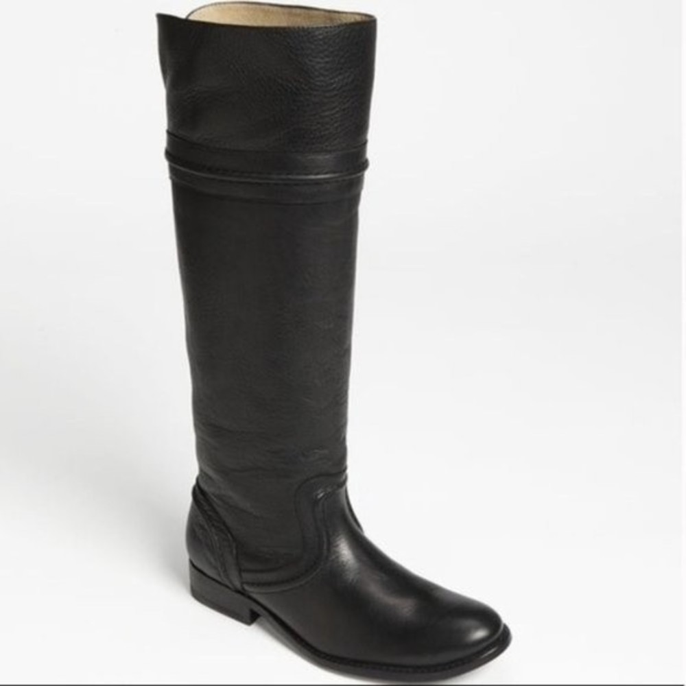Frye Boots Melissa Trapunto Riding Tall Knee High Black Leather Low Heel 6.5